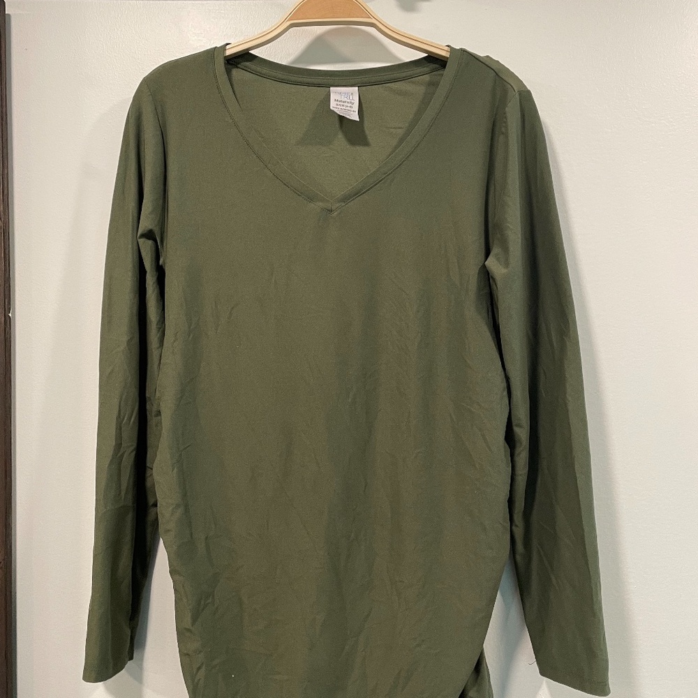 Olive Green, Long Sleeve, V Neck, Maternity Shirt